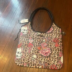 Ed Hardy Leopard Print Tote with Floral and Skull Accents